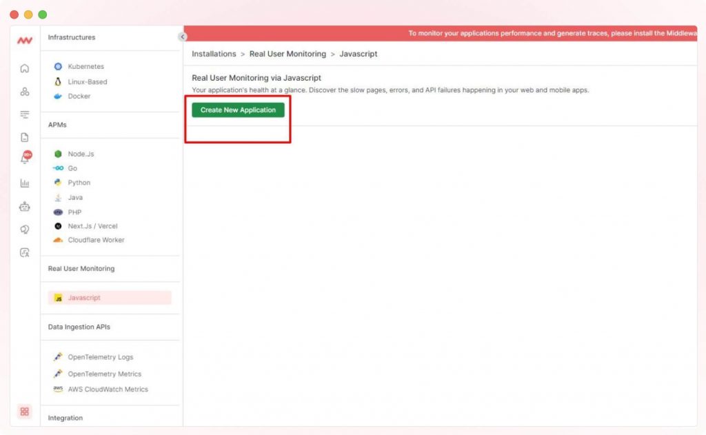 Setup process for new application for real time monitoring  