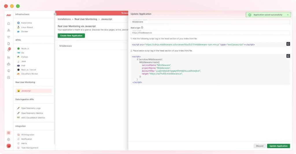 Configuring setups for real user monitoring in Middleware