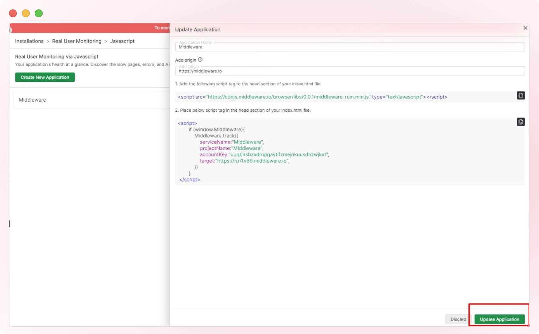 Configuring setup script for real user monitoring in Middleware