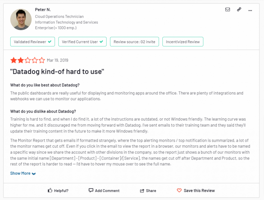 Datadog’s review on G2 