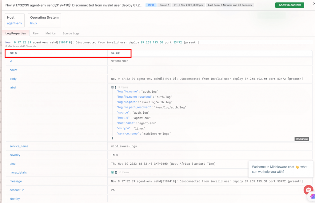 detailed view of Logs in Middleware