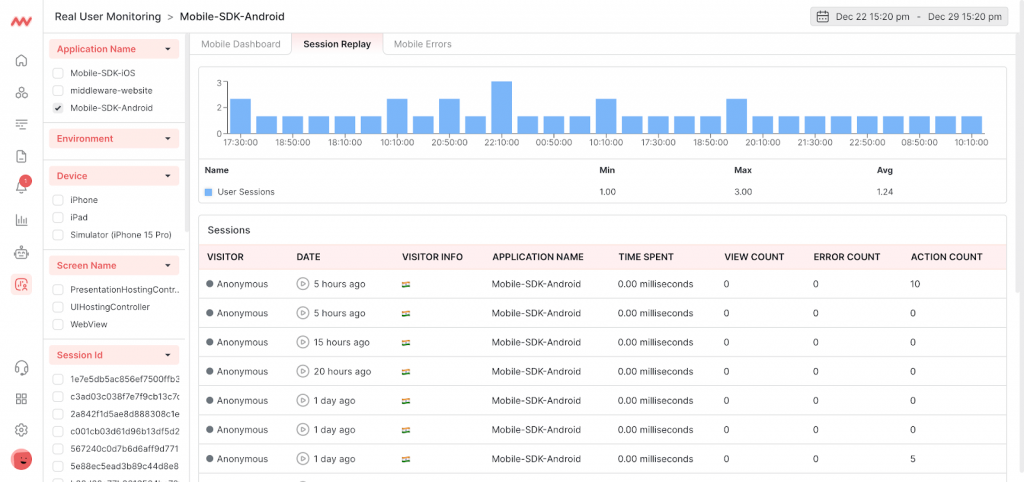 Session replays for monitoring mobile apps performance