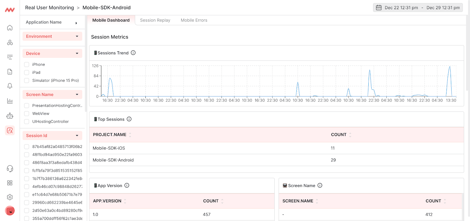 Traffic data for mobile app performance monitoring