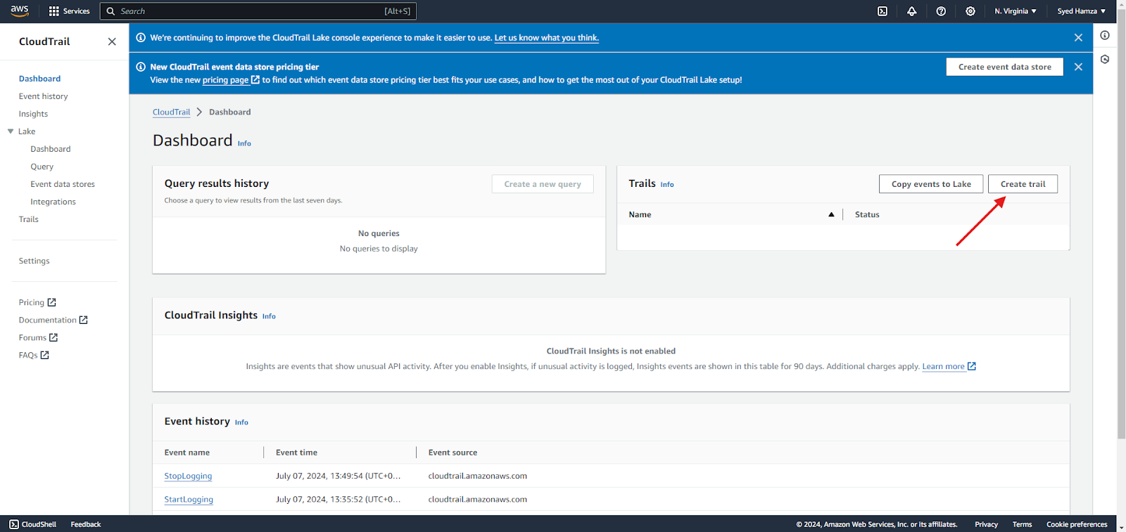 CloudTrail dashboard