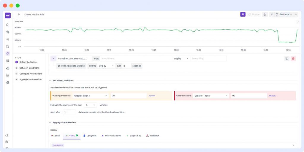 Create an alert in middleware for open telemetry metrics