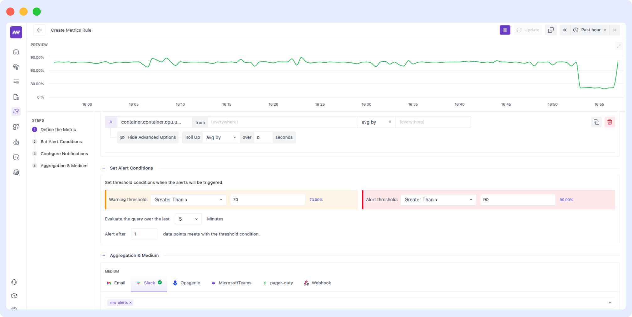 Create an alert in middleware for open telemetry metrics