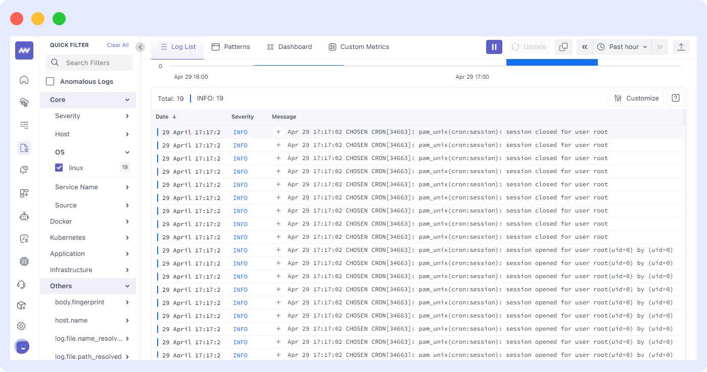 Crontab logs list in Middleware