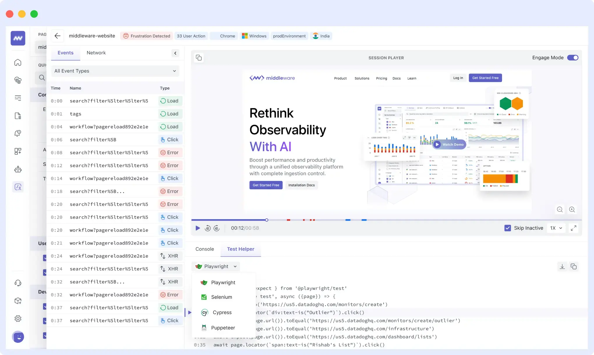Middleware RUM Dashboard showing session replays
