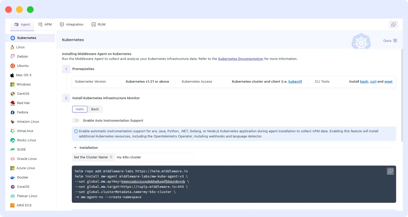 Installing Middleware agent in Kubernetes cluster using Helm chart commands