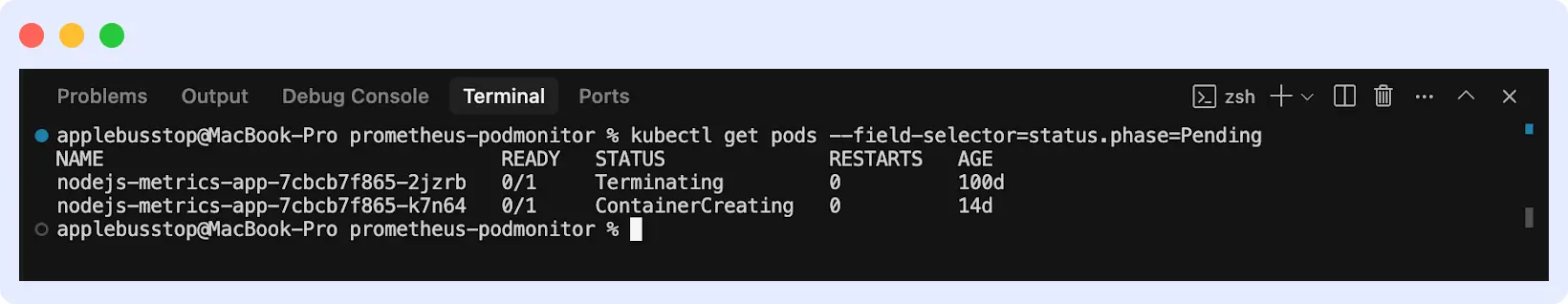 Kubernetes command output showing pods in Pending status using kubectl