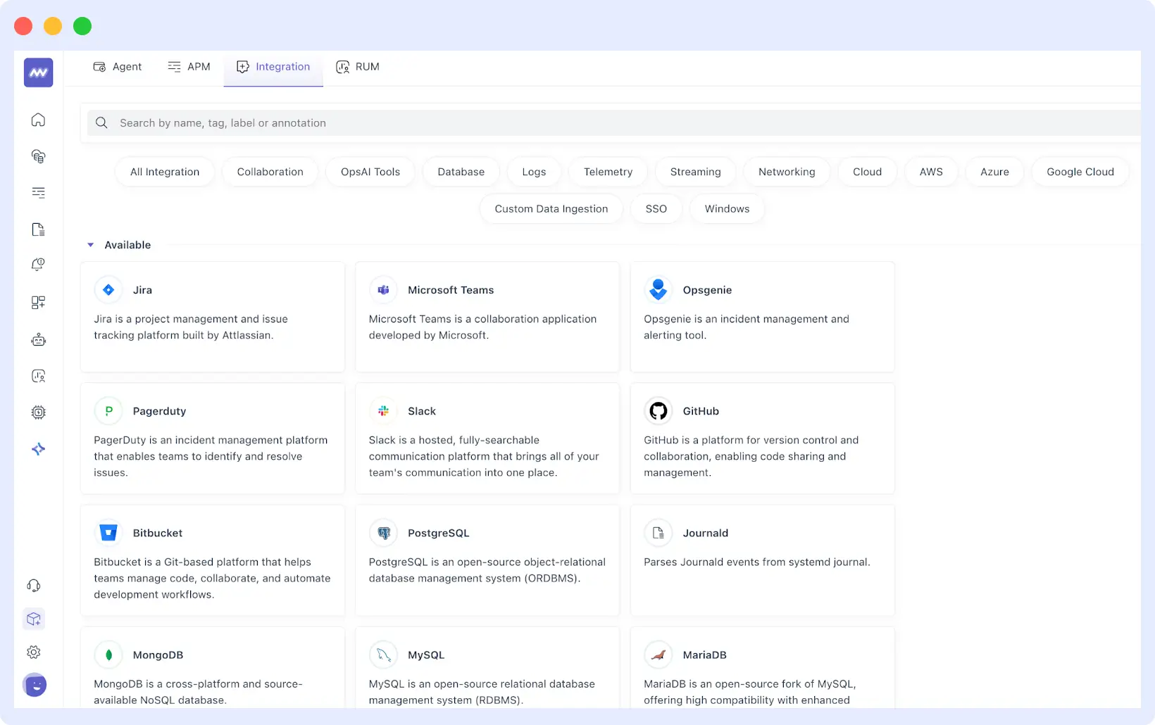 Middleware integrations dashboard showing Slack, PagerDuty, and Jira connections for automated alerts and incident management