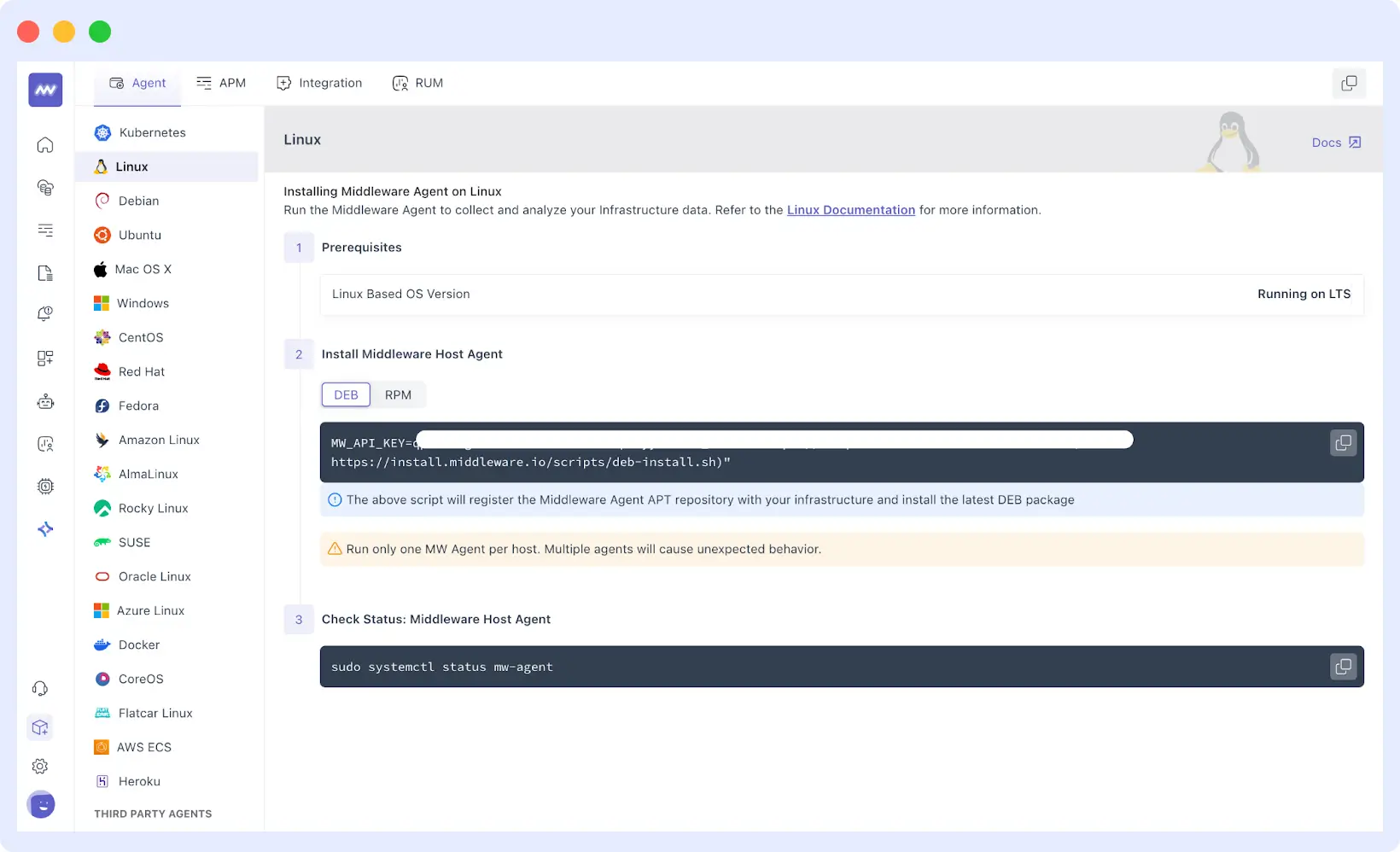 Middleware agent deployed on Kubernetes clusters using Helm or Bash for Infrastructure Health Monitoring