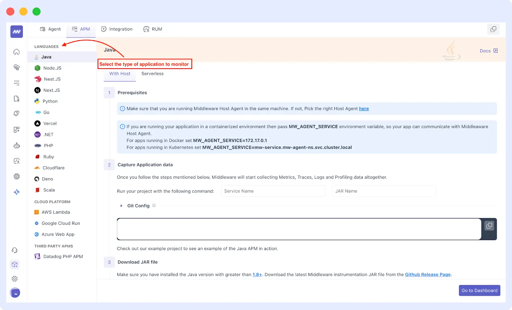 Automatic APM agent instrumentation capturing traces, logs, and errors