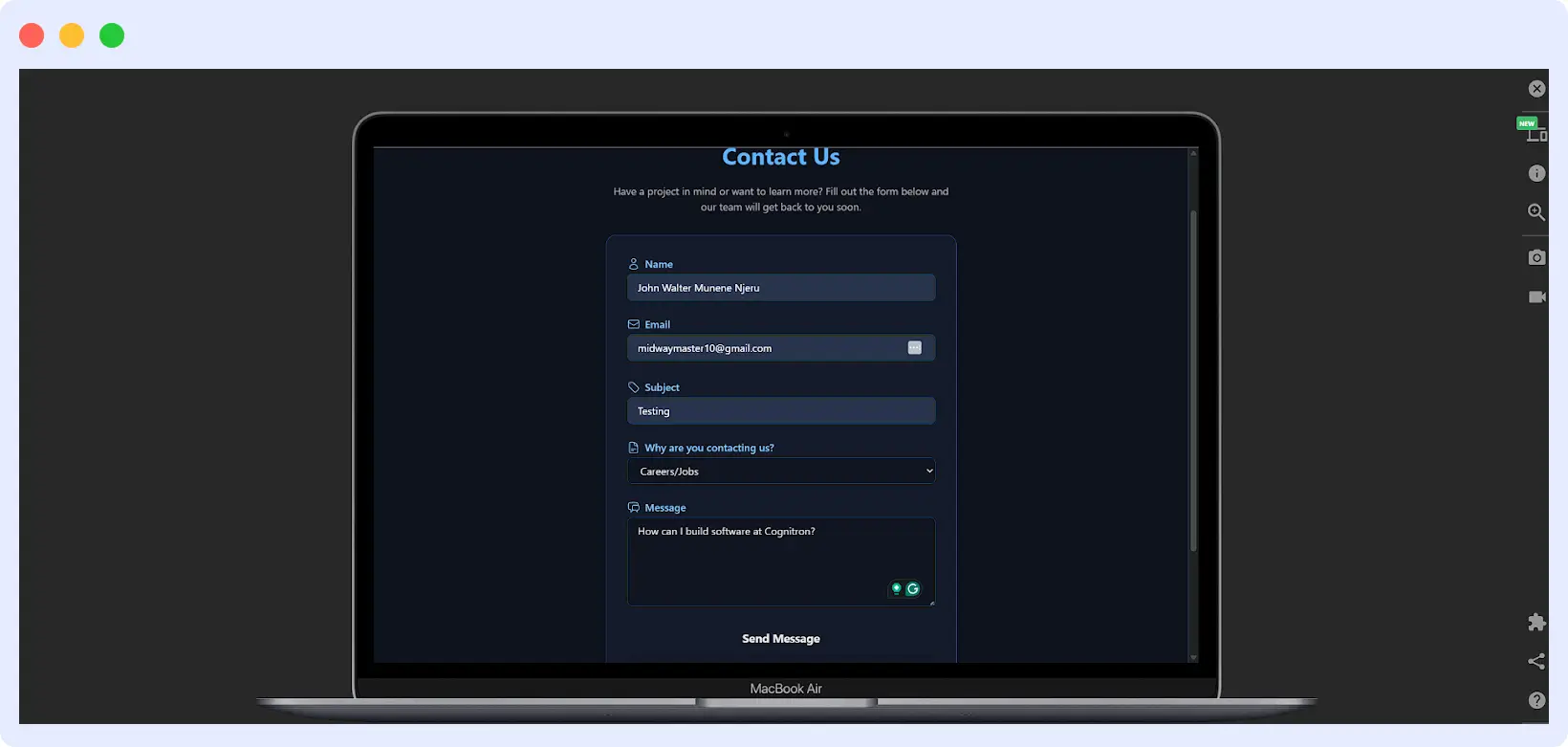 Filled form in Cognitron application before triggering demo error