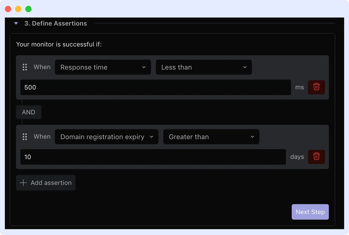 Setting DNS health assertions in Middleware monitoring dashboard
