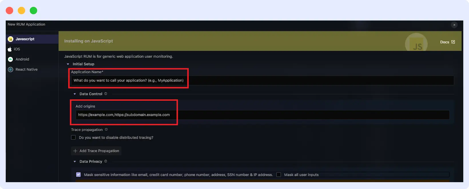 Middleware dashboard Add New Application with app name and URL fields.