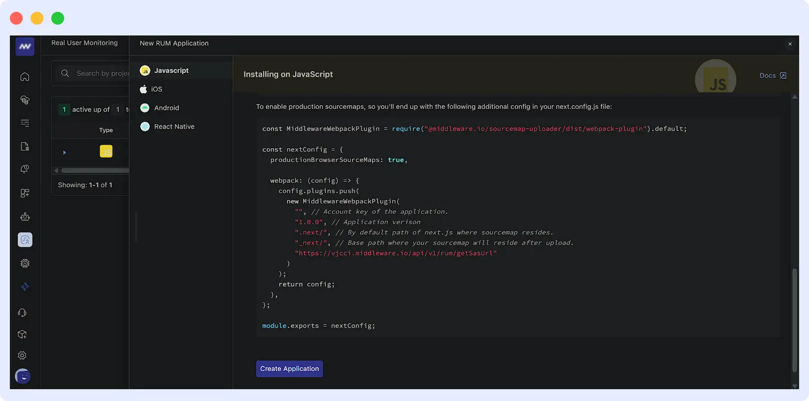 Create new RUM application in Middleware