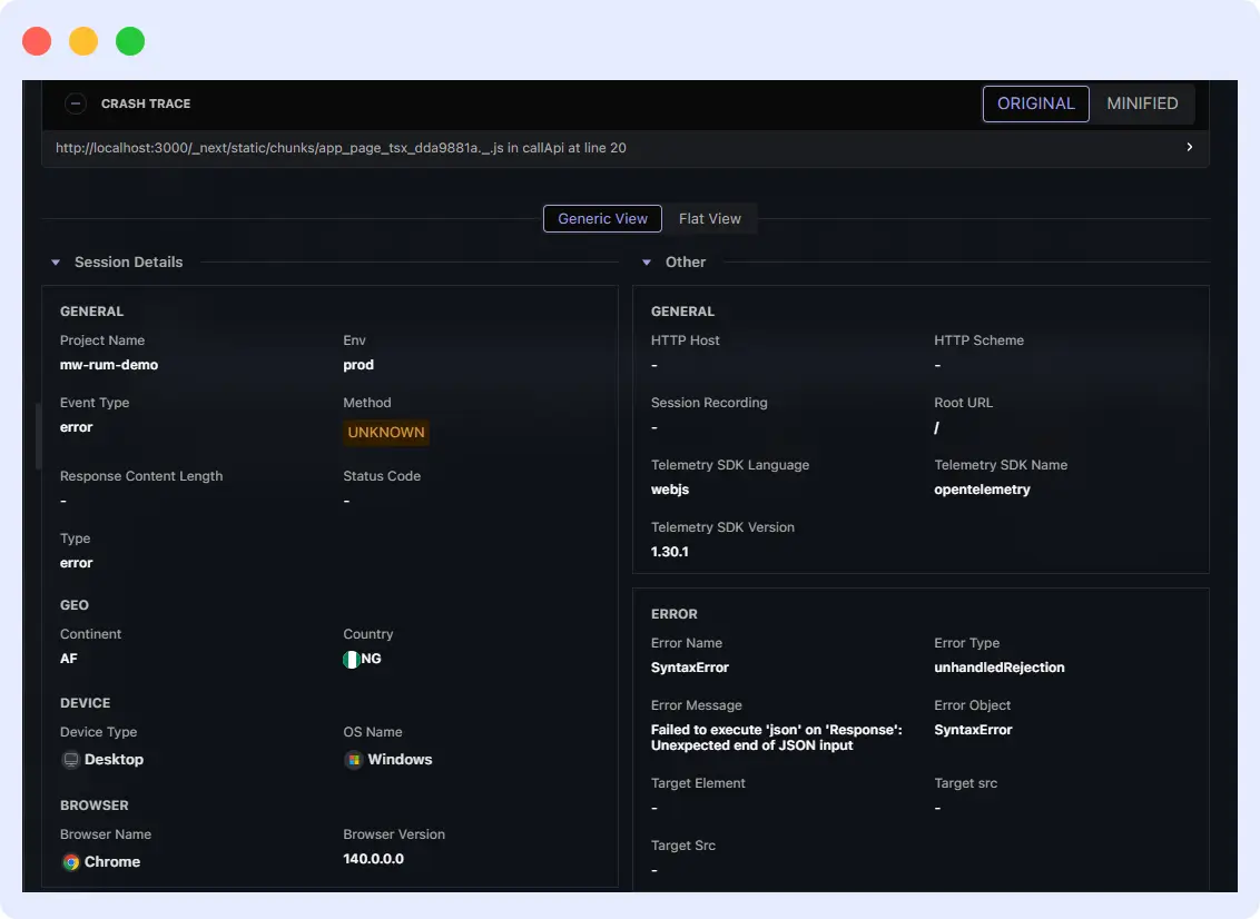 Middleware RUM dashboard highlighting disrupted user flows and prioritized error groups with full context.
