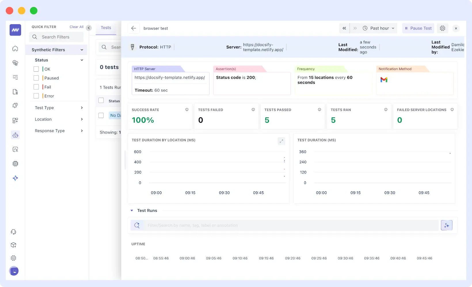 RUM session replay with filters and synthetic monitoring checks across user segments