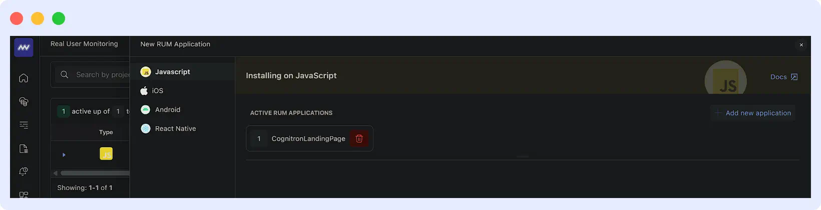 Select application type in Middleware RUM setup