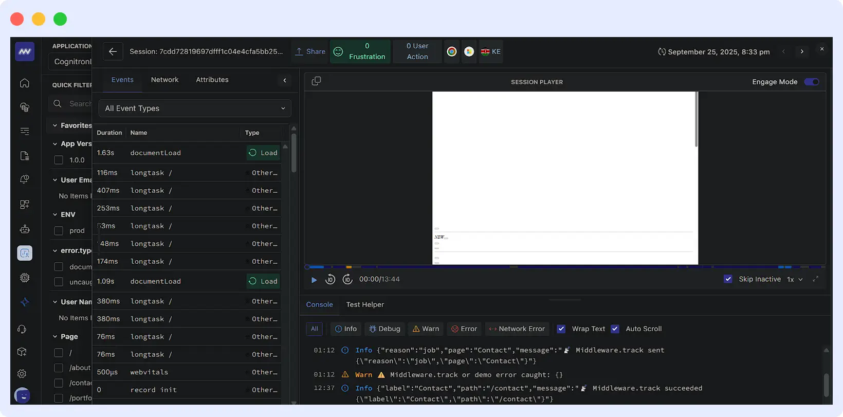 Logs displayed in Middleware Session Explorer showing captured form submission error.