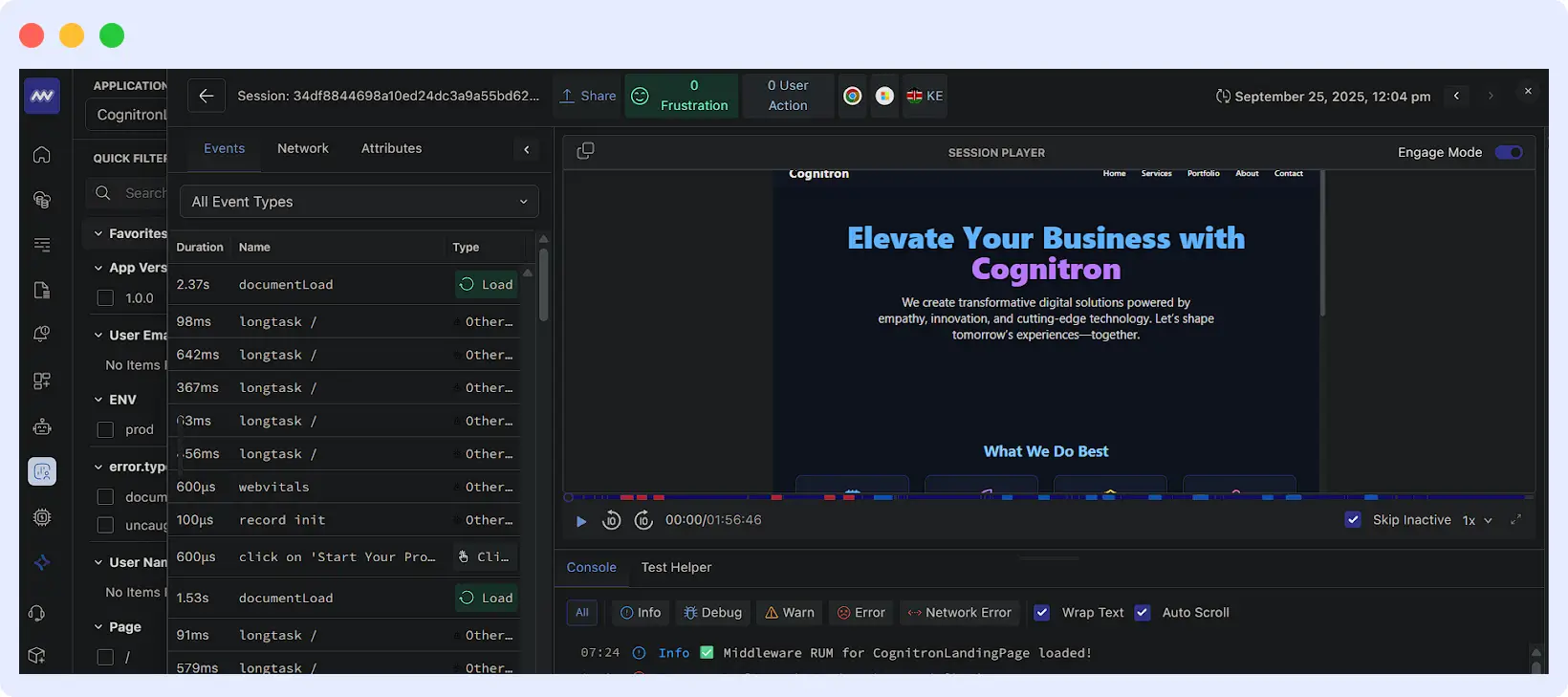 Middleware session replay showing user activity timeline
