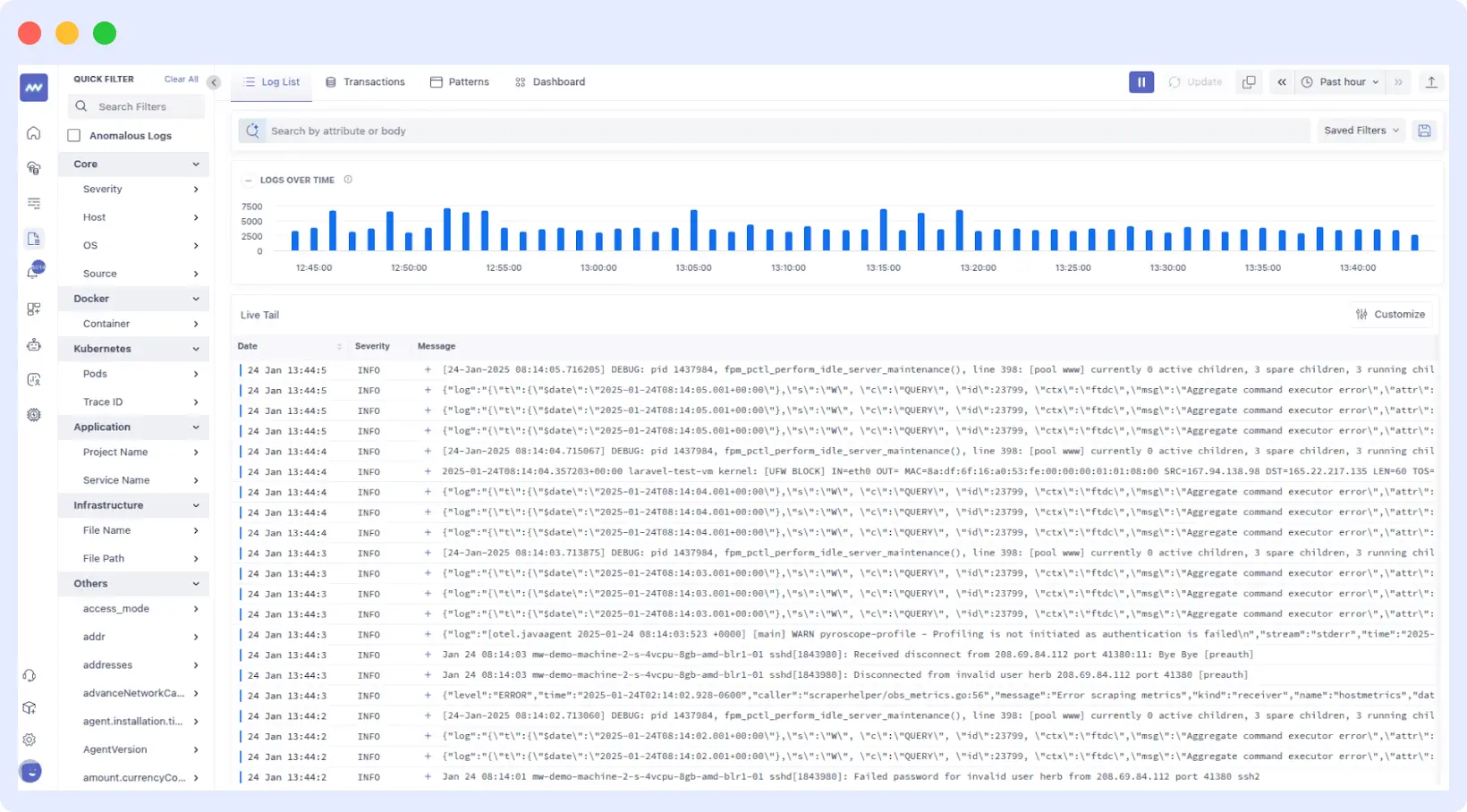 Middleware platform showing real-time monitoring of logs, metrics, and traces during early development stages.