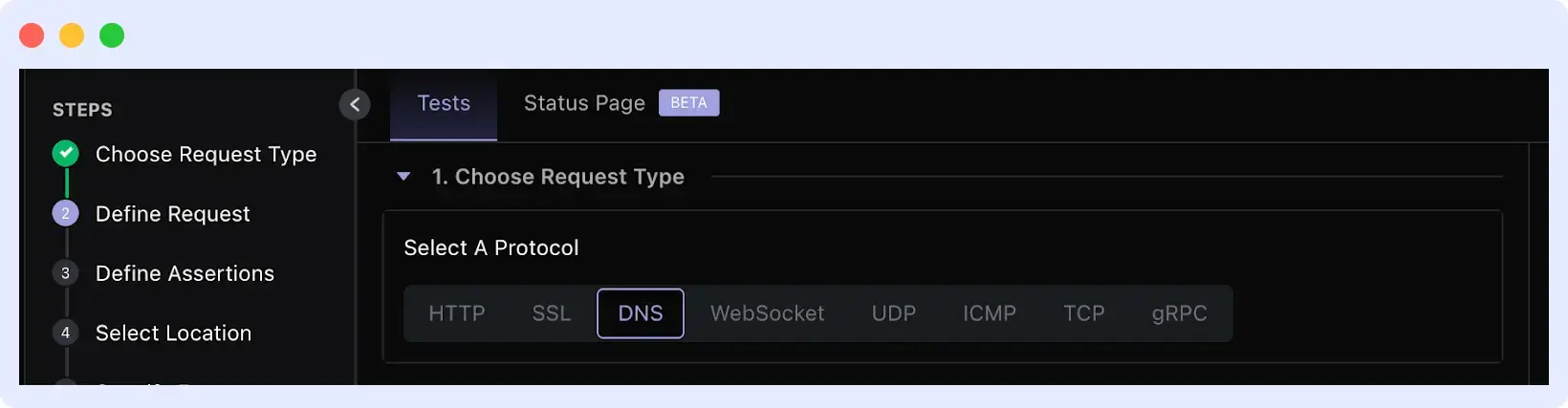 Selecting DNS protocol for monitoring in Middleware dashboard