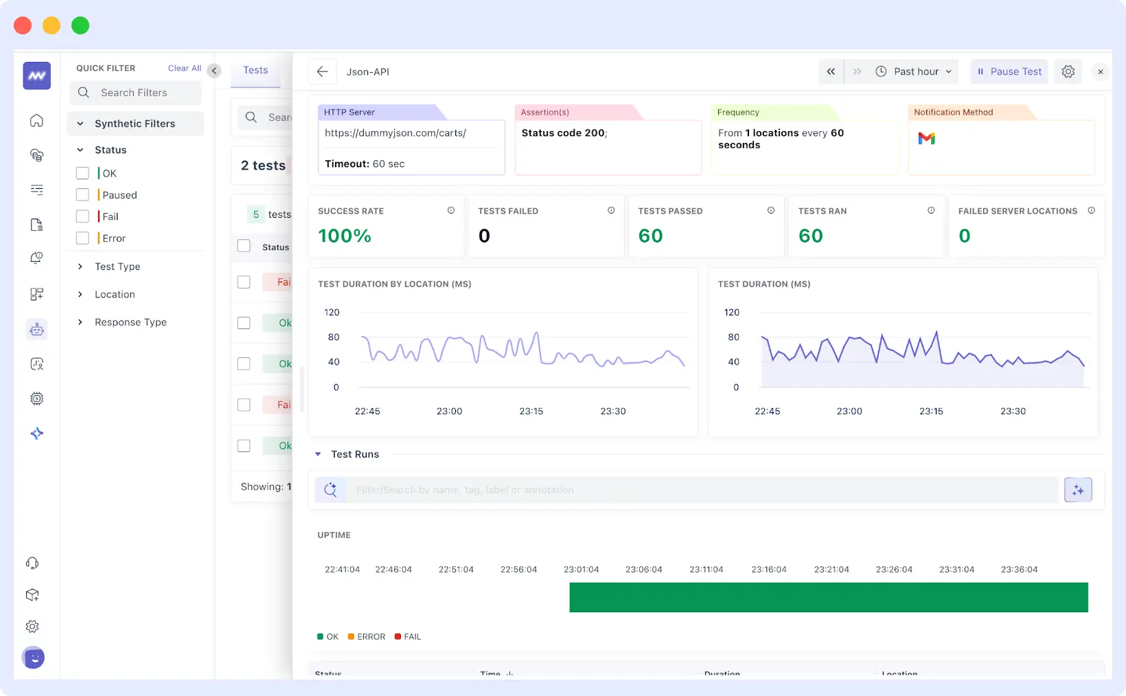 HTTP test setup in Middleware for mobile app synthetic monitoring with method, headers, query params, and authentication