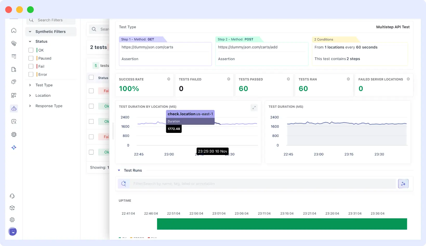 Global assertions in multistep synthetic monitoring showing status code and response time validation across API steps