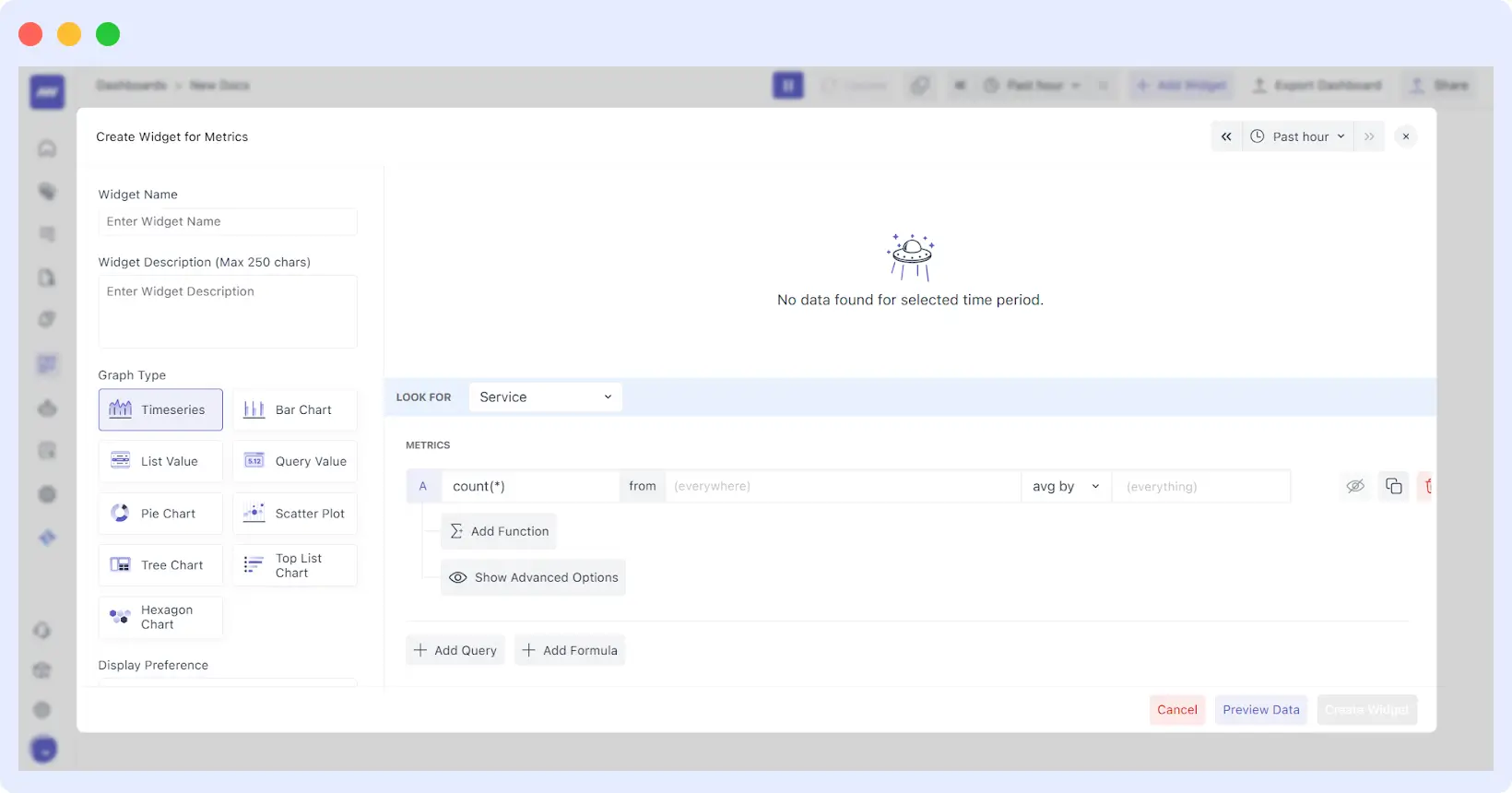 custom GUI with a no-code widget editor for refining AI-generated dashboards.