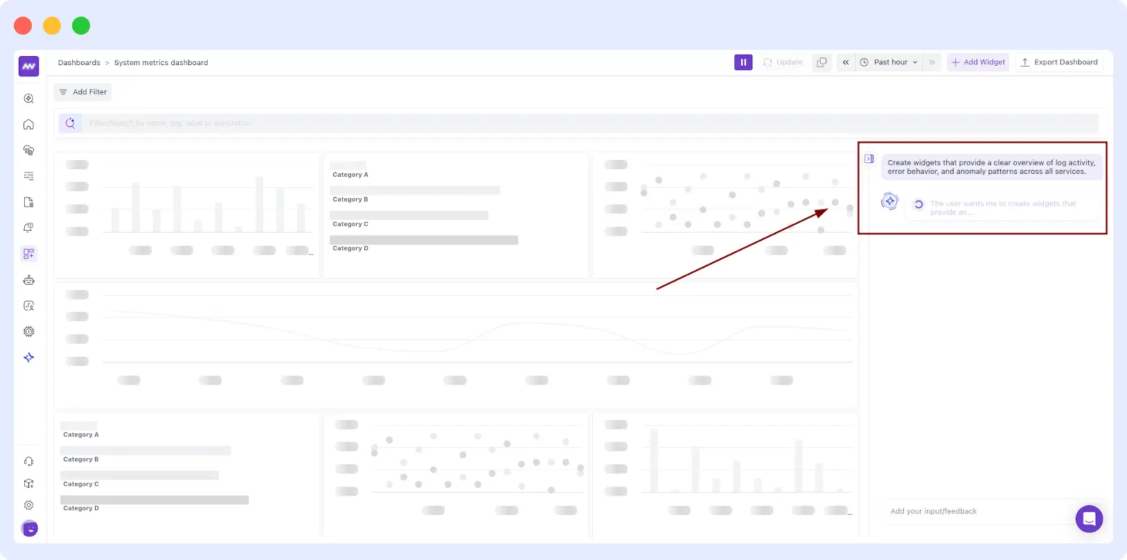 Middleware AI Dashboard Builder generating observability dashboards from high-level natural language prompts, showing intent-based and context-aware widget creation