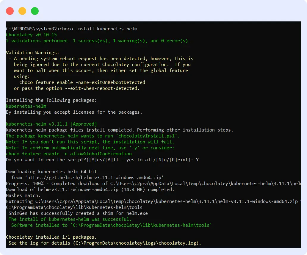 Command prompt showing installation of Kubernetes Helm using Chocolatey on Windows system