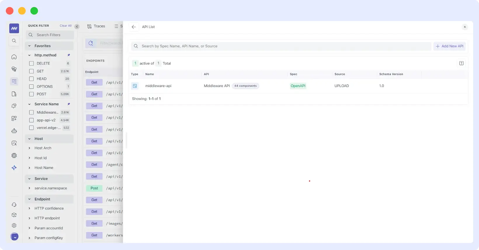 API endpoints list in Middleware showing documented routes, components, parameters, and real-time performance metrics
