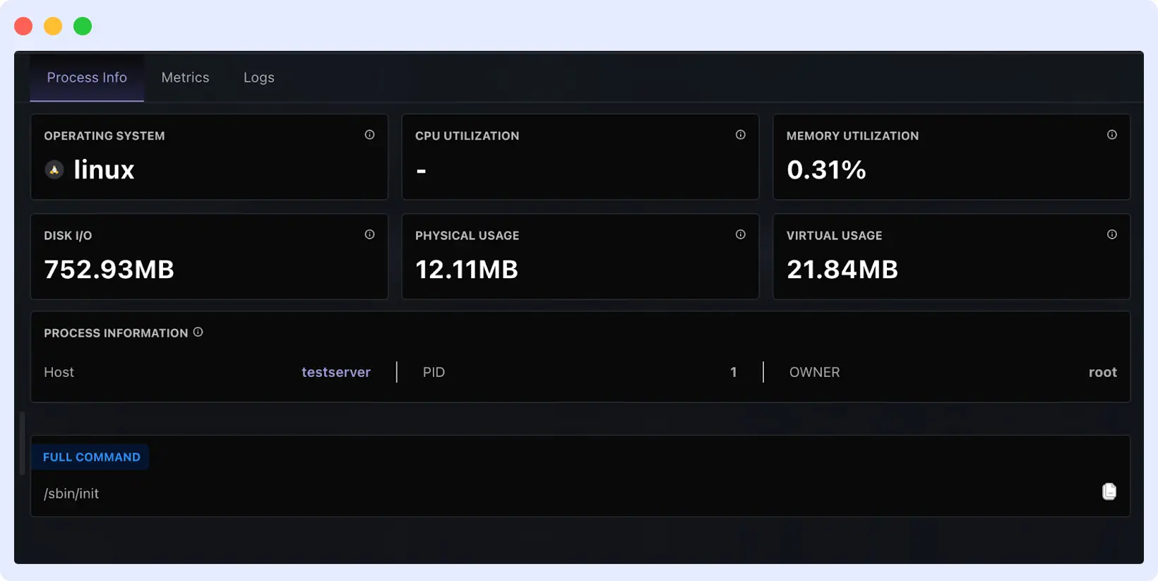 Middleware Processes tab showing running Linux processes with details such as process name, ID, CPU usage, memory consumption, and runtime for real-time system monitoring.