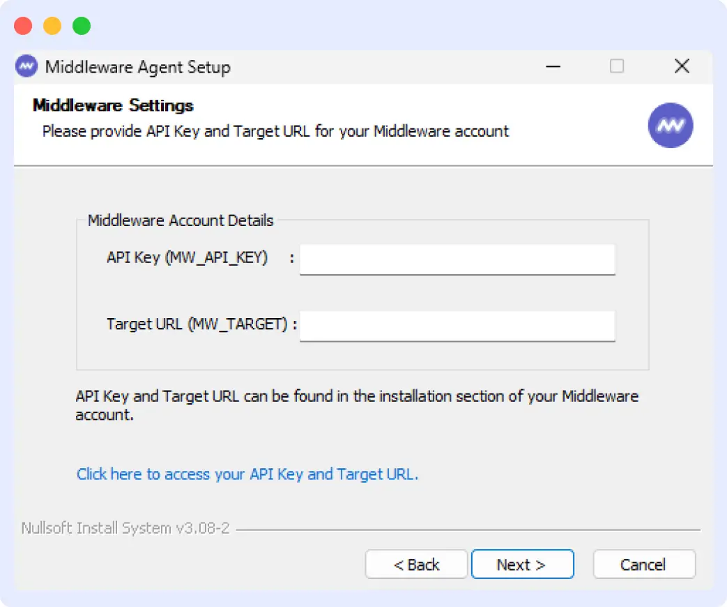 Middleware Windows agent installation progress on Windows Server using graphical installer