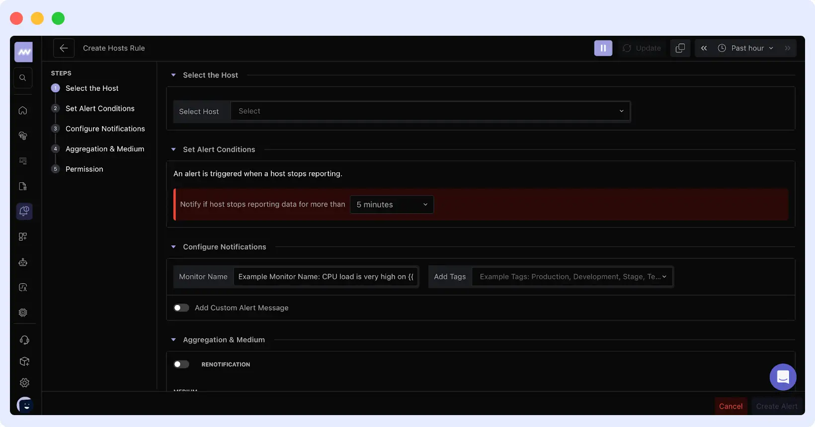 Middleware dashboard Host alert configuration screen showing steps to create a host monitoring alert