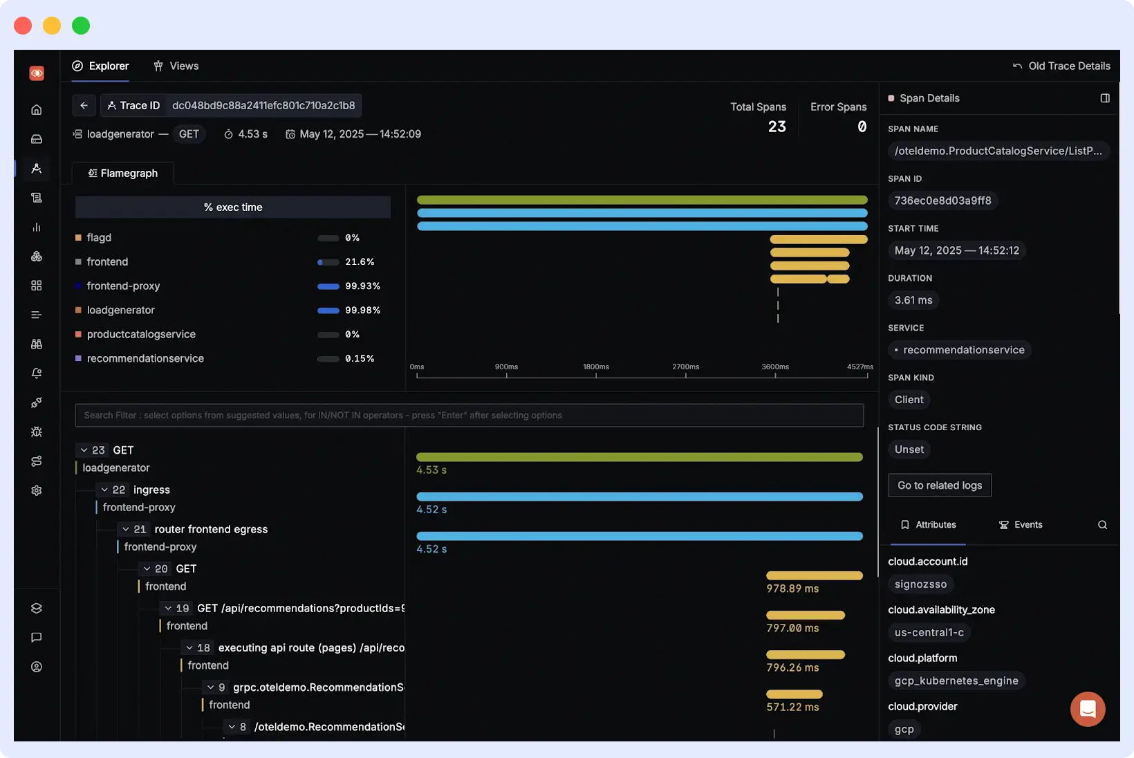 SigNoz observability dashboard with traces, metrics, and logs; Lightstep alternative.