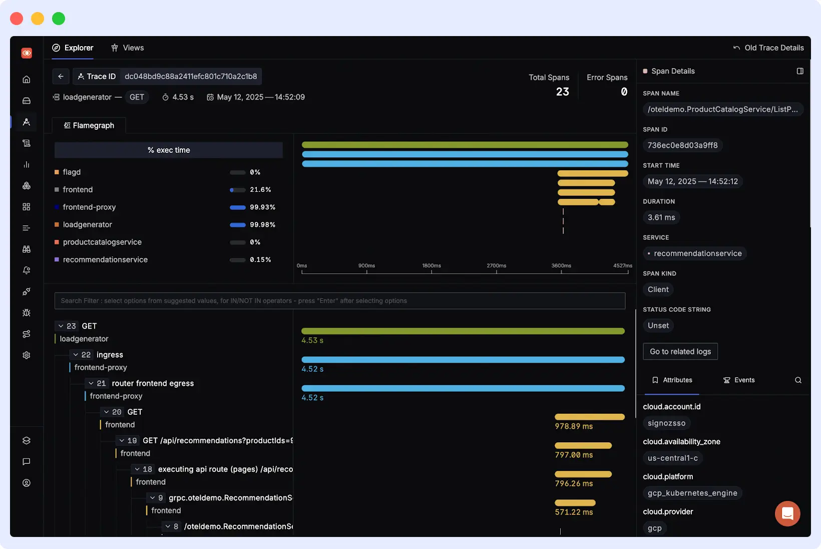 SigNoz observability dashboard showing distributed tracing, metrics, and logs in one platform