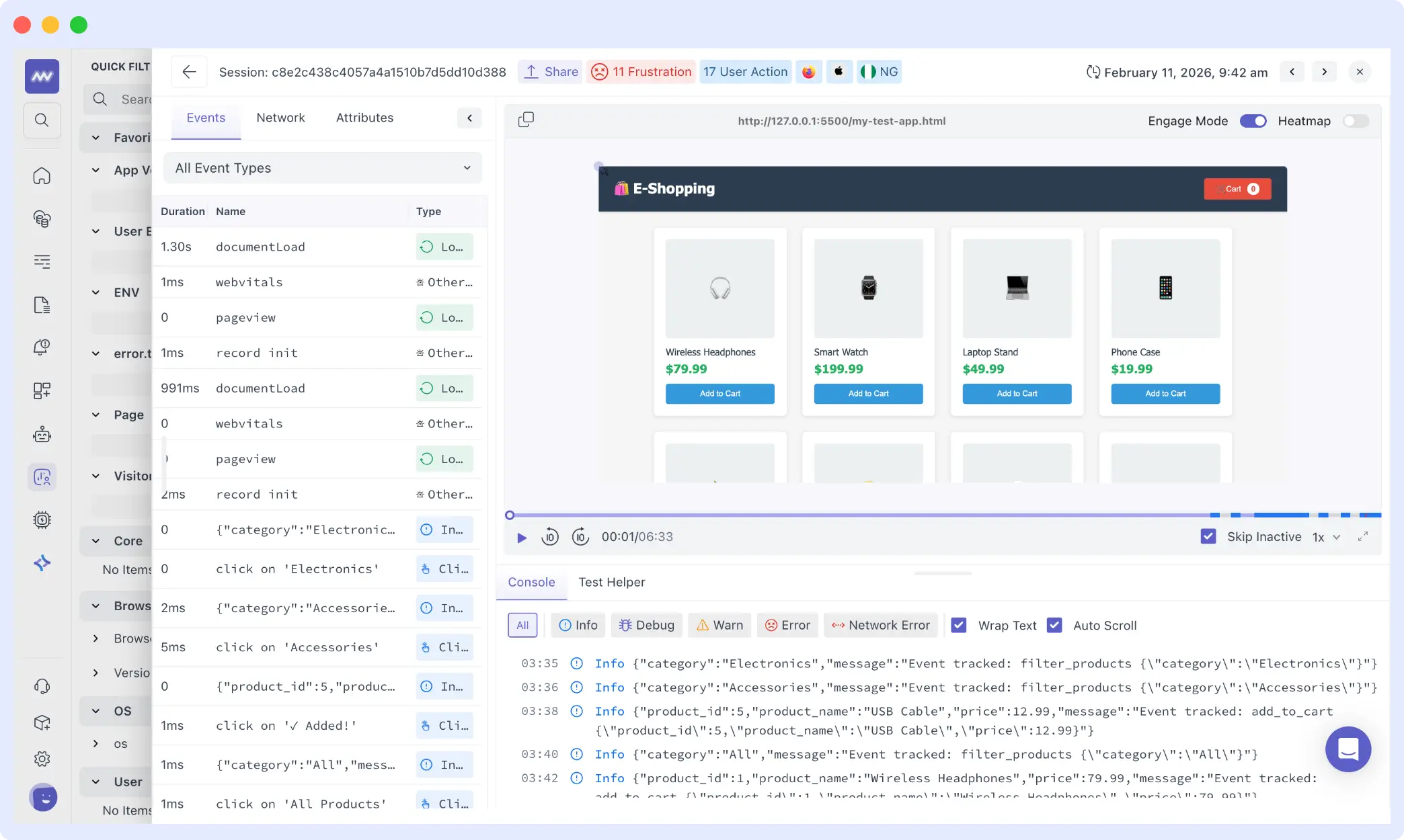 Session replay showing user interactions to debug frontend performance issues in web and mobile apps
