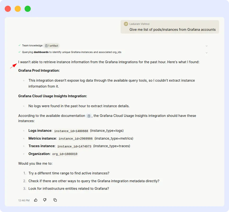 Resolve AI failing to retrieve Grafana pod and instance data from live integrations, falling back to static documentation instead