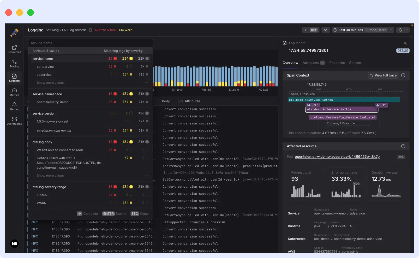 Dash0 OTel-native observability dashboard showing Docker container spans, logs, and PromQL metric queries