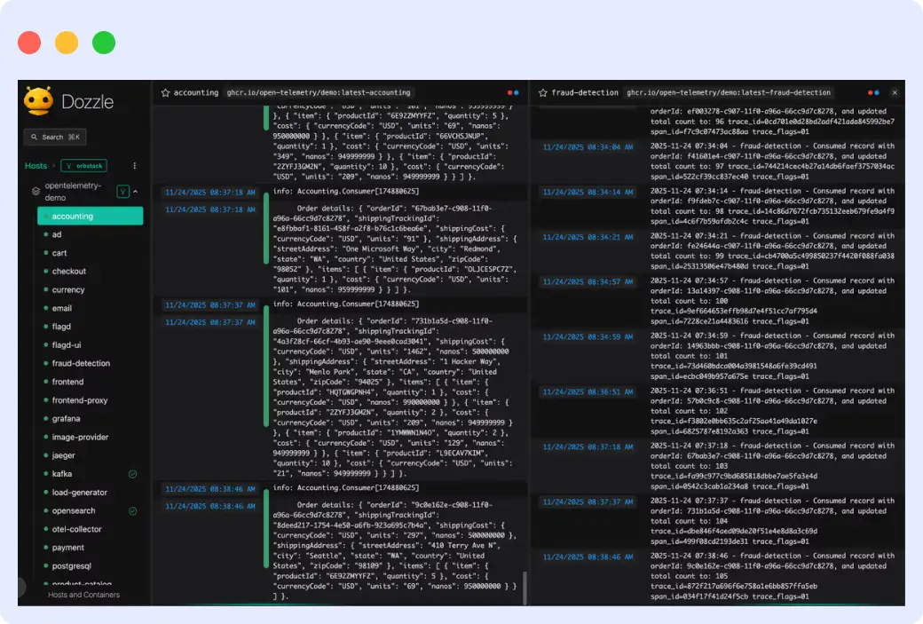 Dozzle browser-based log viewer streaming live Docker container logs with SQL query support