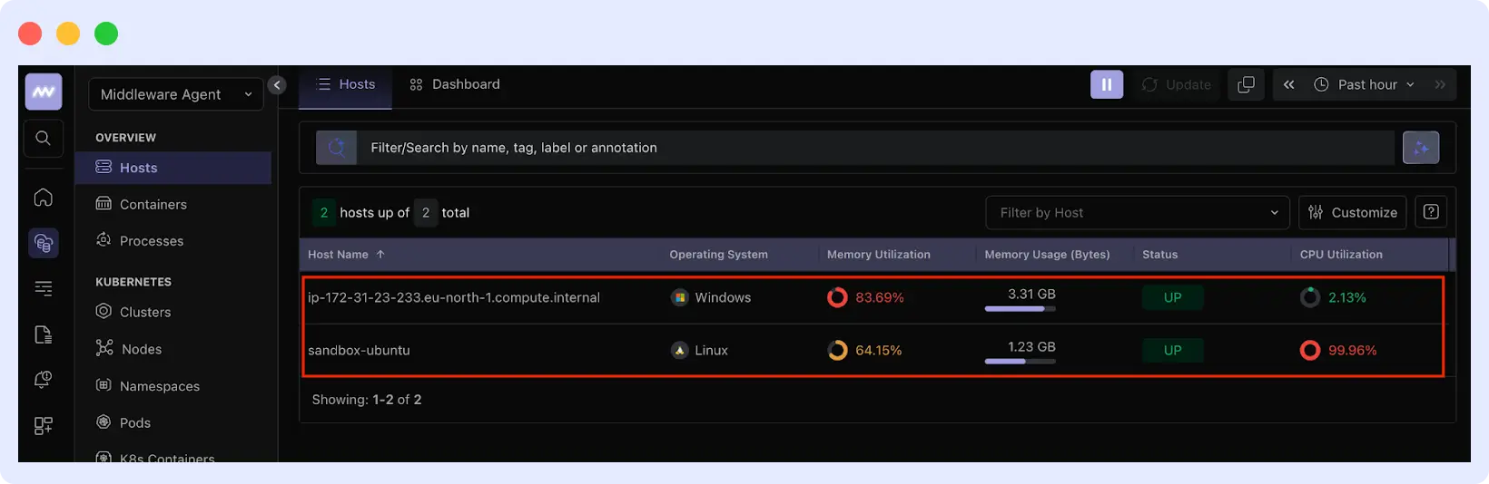 Navigating to the Infrastructure Hosts section in Middleware and viewing CPU, memory, disk, and network metrics with time range selection for incident analysis.