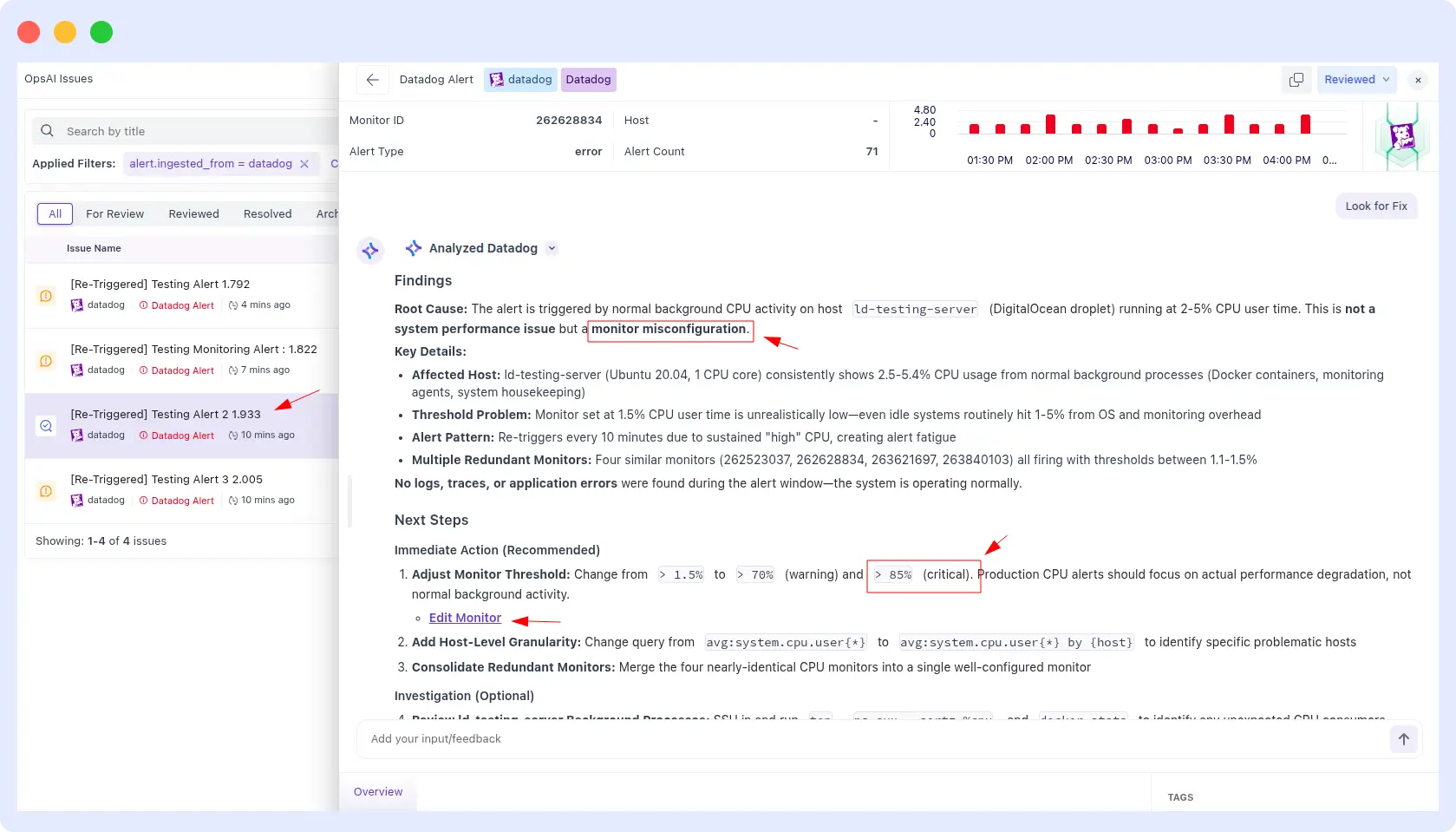 Middleware OpsAI root cause analysis identifying a CPU threshold alert as a monitor misconfiguration, with recommendations to raise thresholds from 1.5% to 70–85% and consolidate redundant monitors
