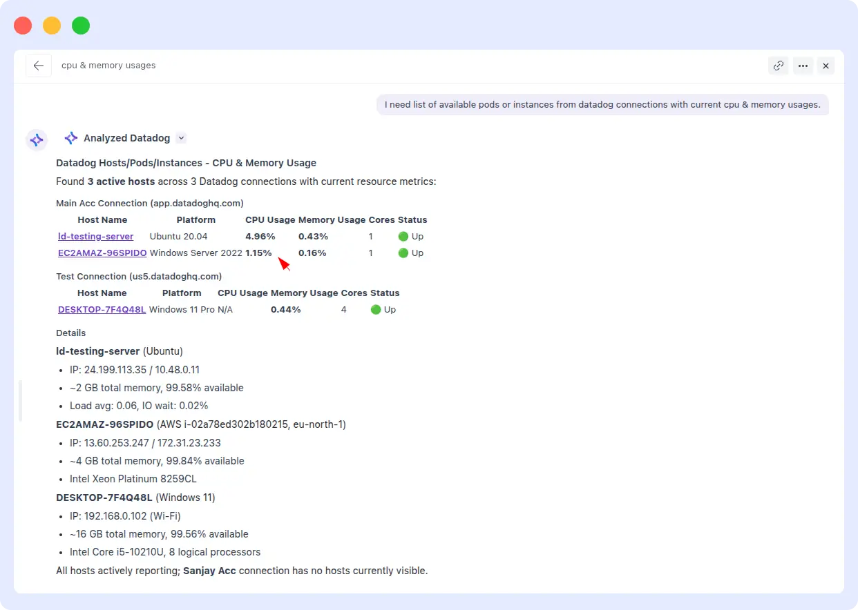 Middleware OpsAI listing 3 active Datadog hosts with accurate CPU and memory usage across multiple Datadog account connections
