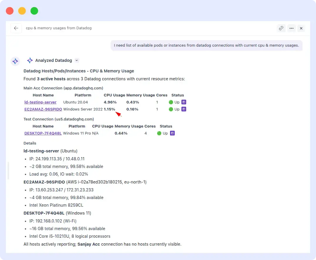 Middleware OpsAI listing 3 active Datadog hosts with accurate CPU and memory usage across multiple Datadog account connections
