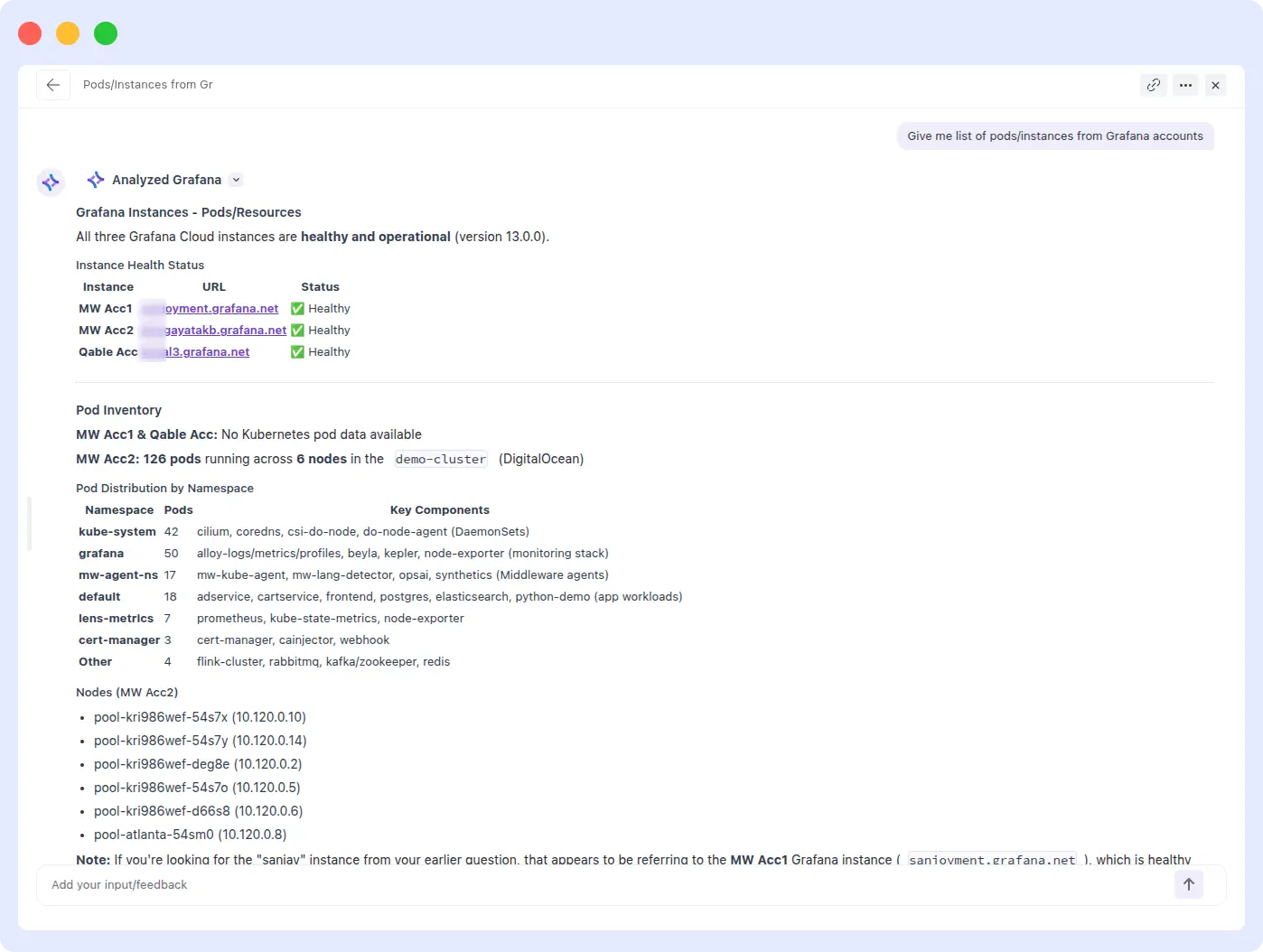 Middleware OpsAI returning a complete list of Grafana pods and instances in under one minute

