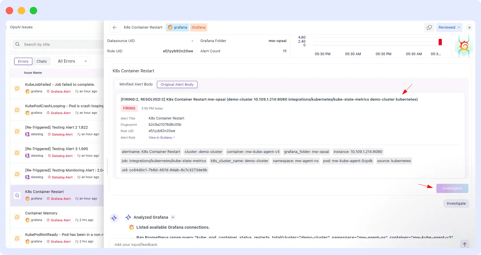 Middleware OpsAI K8s Container Restart alert view for demo-cluster showing full alert metadata, pod labels, namespace, and the Investigate button to begin root cause analysis
