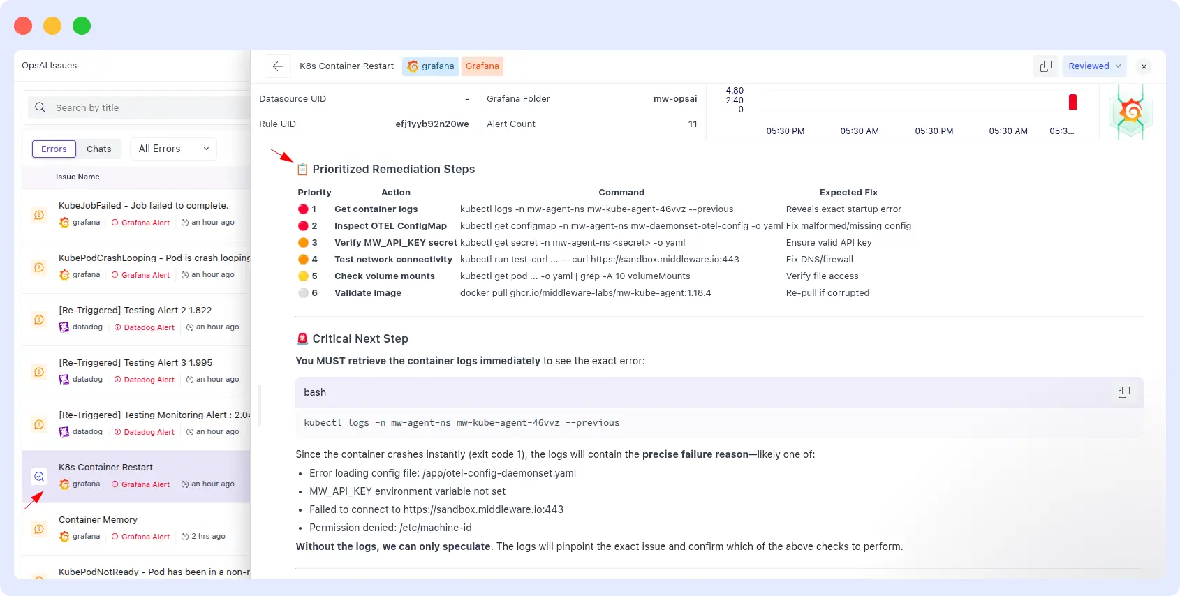 Middleware OpsAI prioritized Kubernetes remediation runbook with 6 steps, exact kubectl commands, and expected fix outcome for each step for a container restart alert
